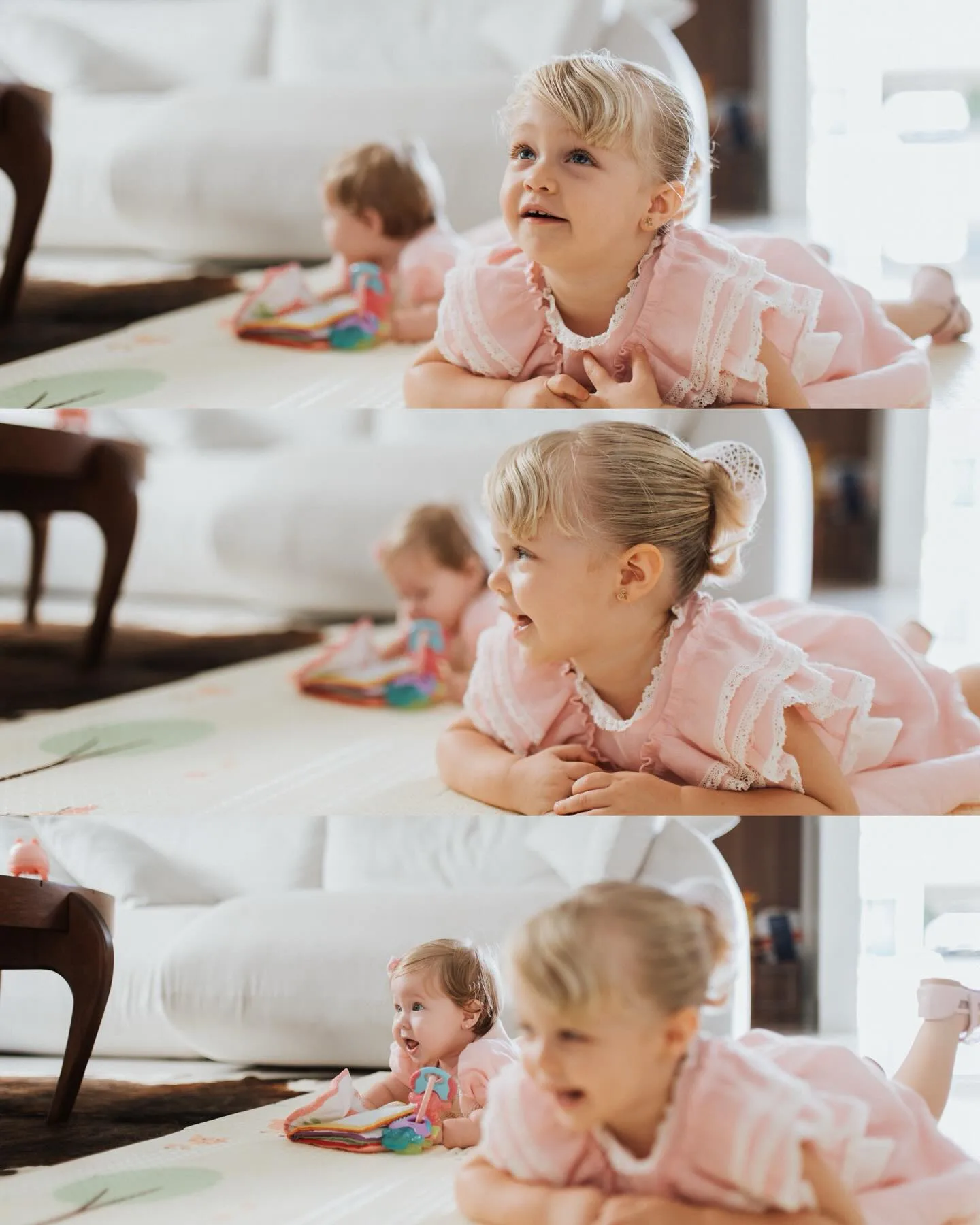 Montagem de três fotografias de uma criança junto à mesa, em diferentes gestos