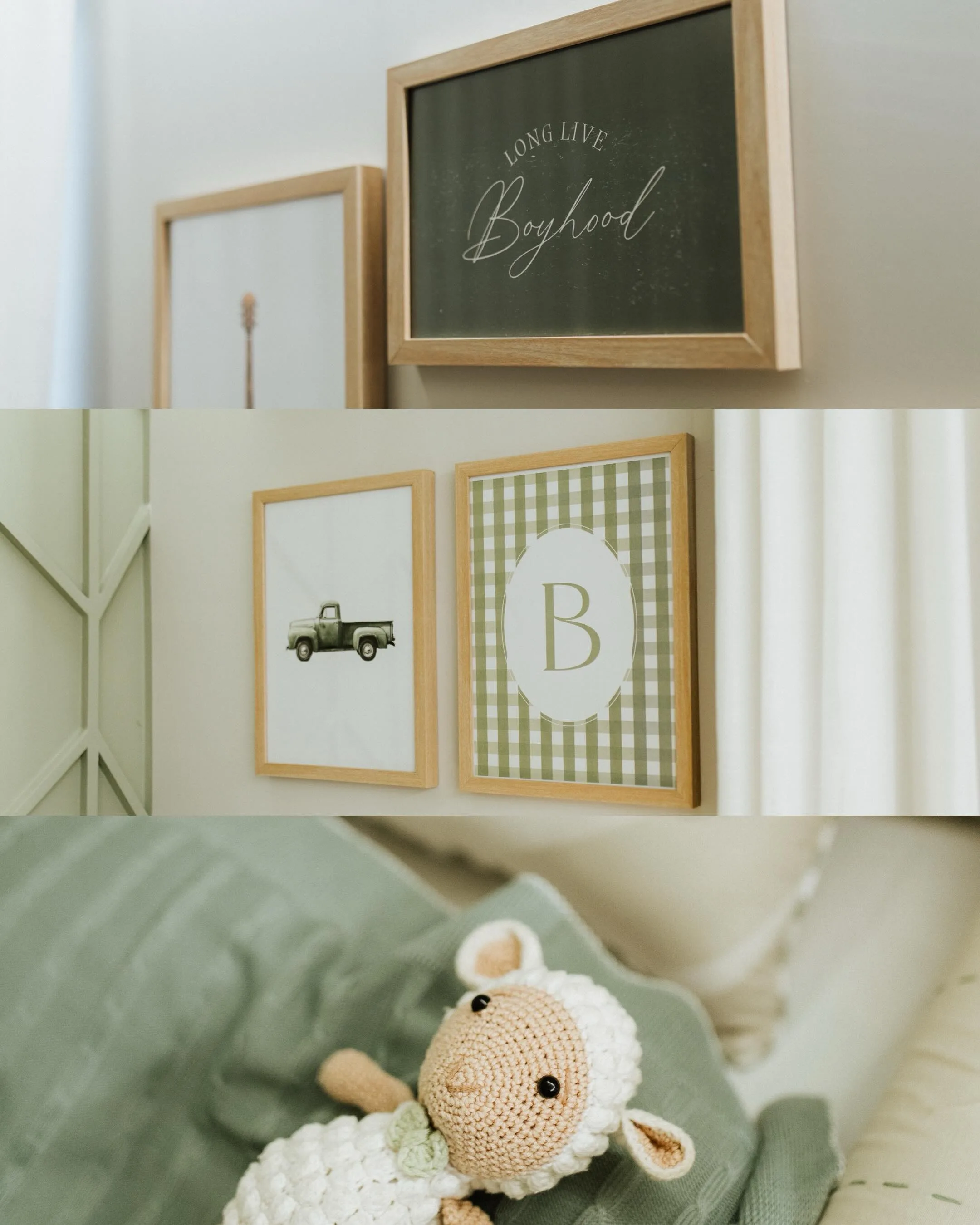 Montagem de três fotografias com detalhes do quarto e de um bebê vestido de verde