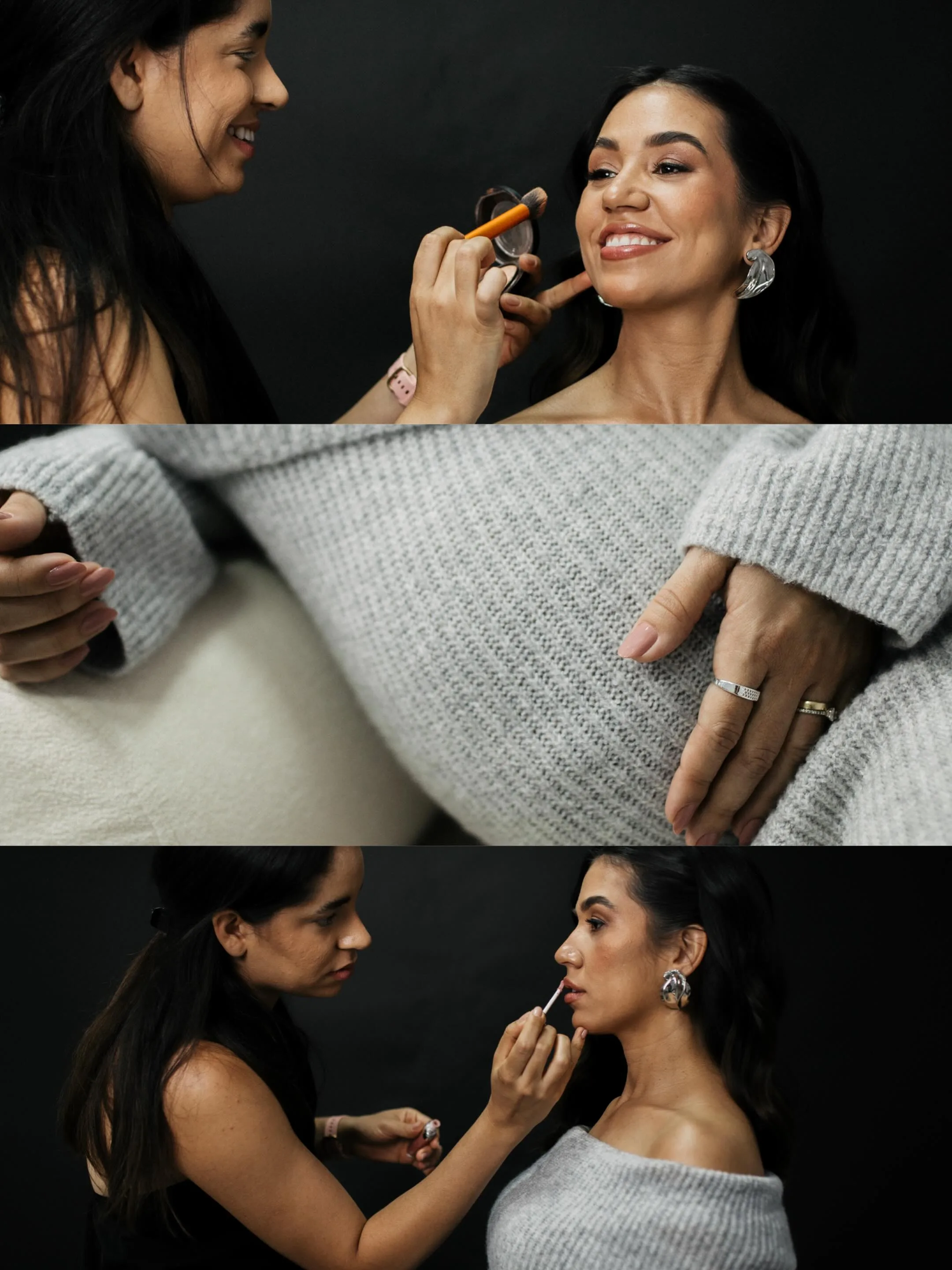 Montagem de três fotografias de um casal, com sorrisos e momentos de proximidade