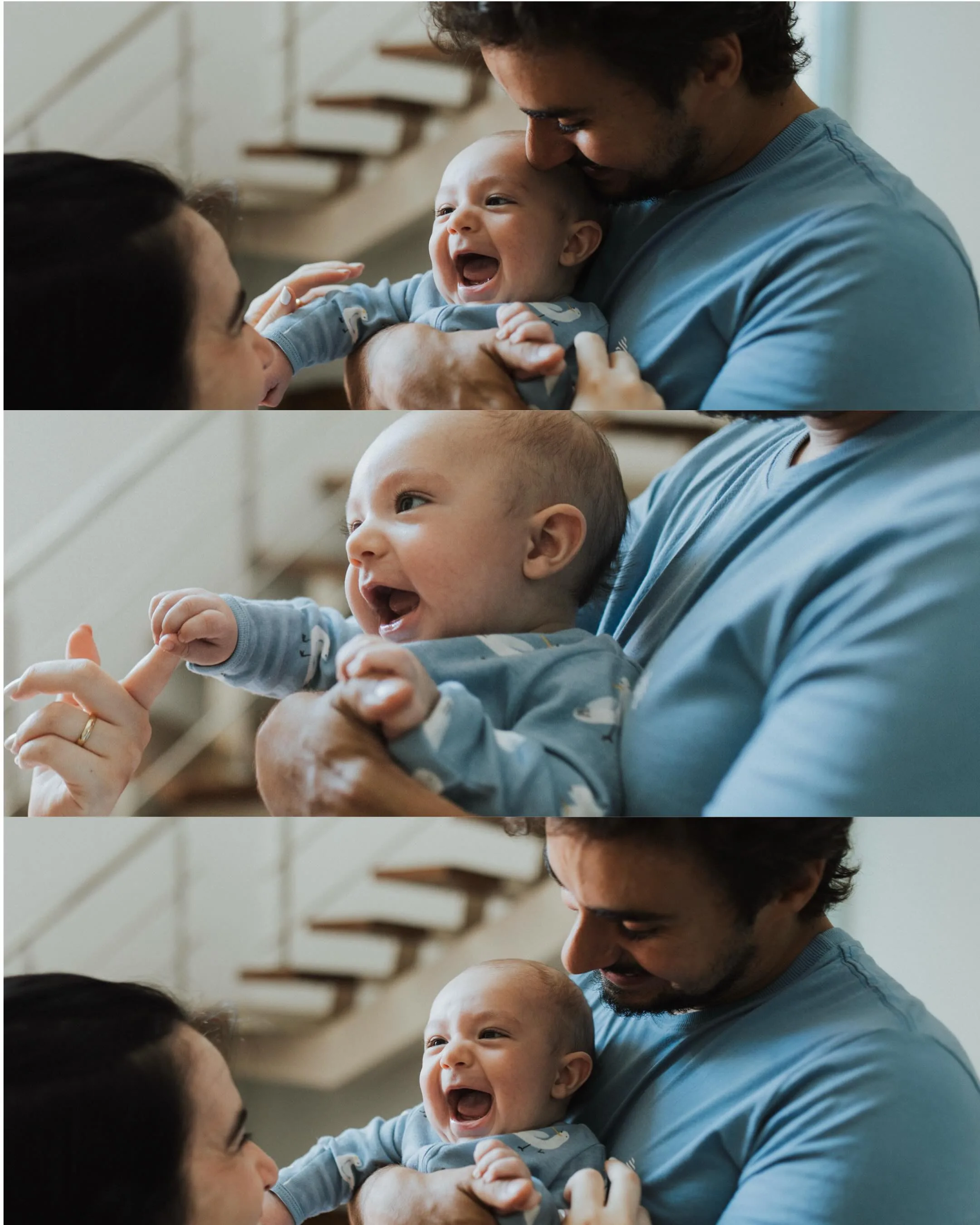 Montagem de três fotografias de um pai de camiseta azul com um bebê sorridente no colo