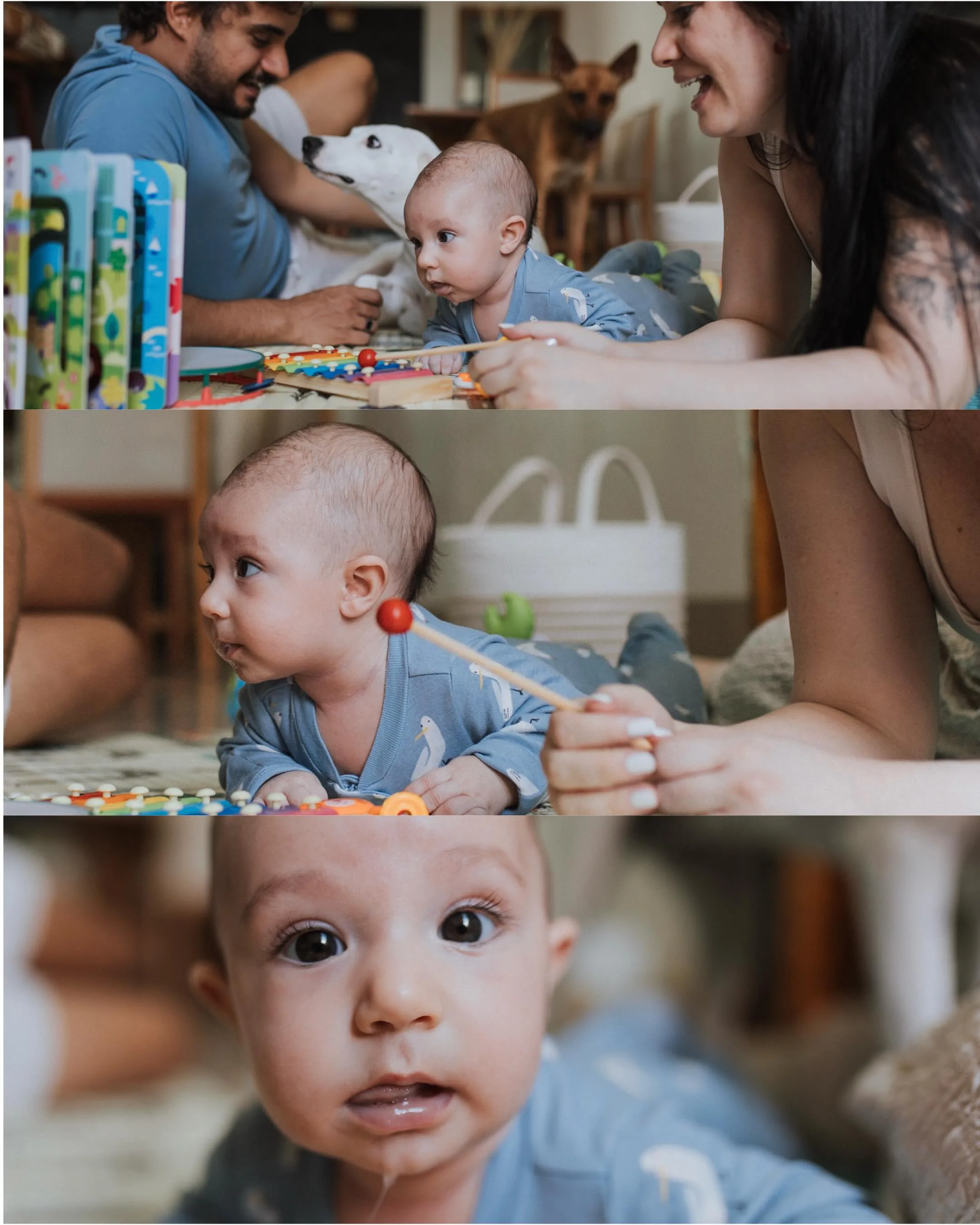 Montagem de três fotografias de um bebê com a família em torno de uma mesa