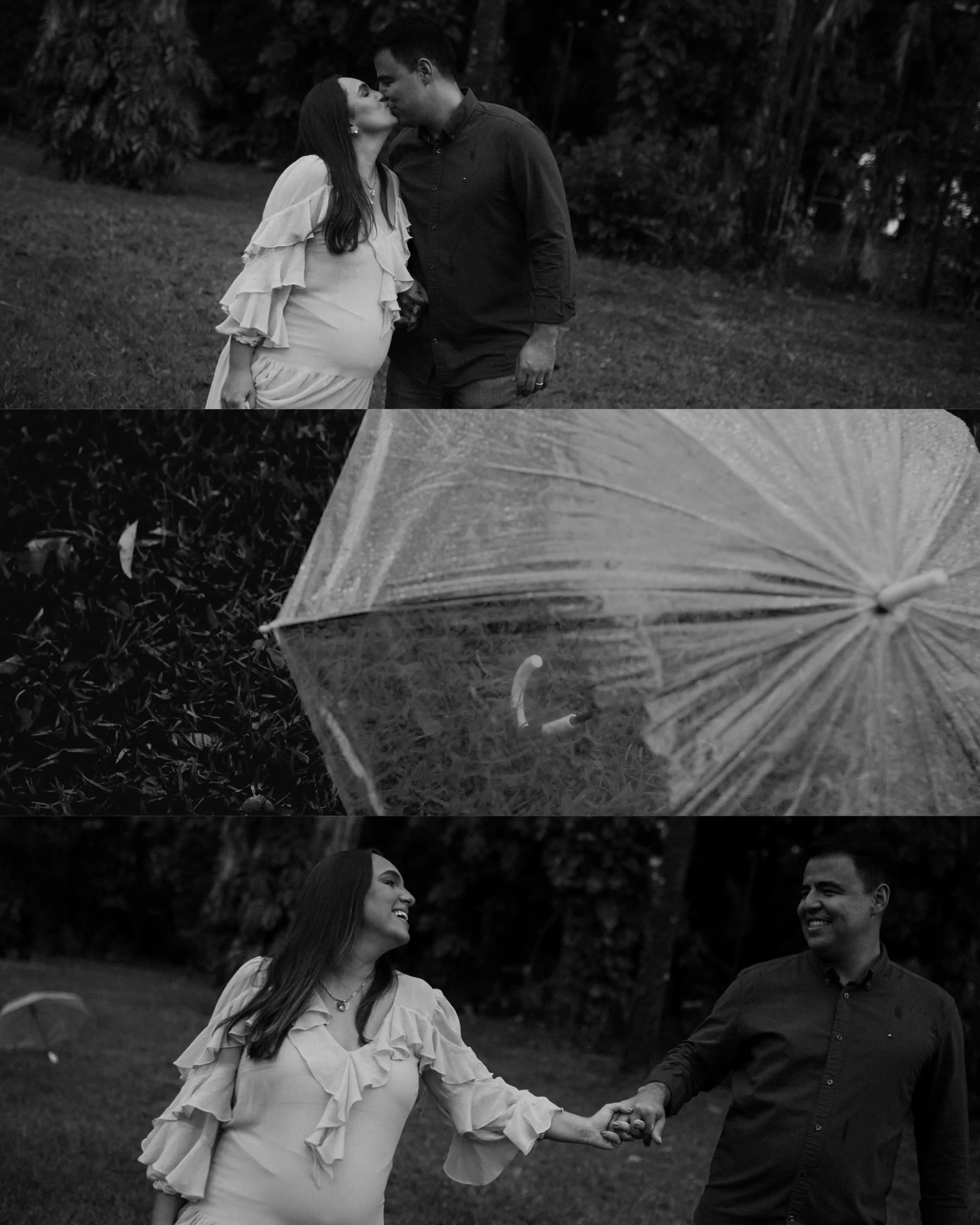 Montagem de três fotografias em preto e branco de um casal ao ar livre