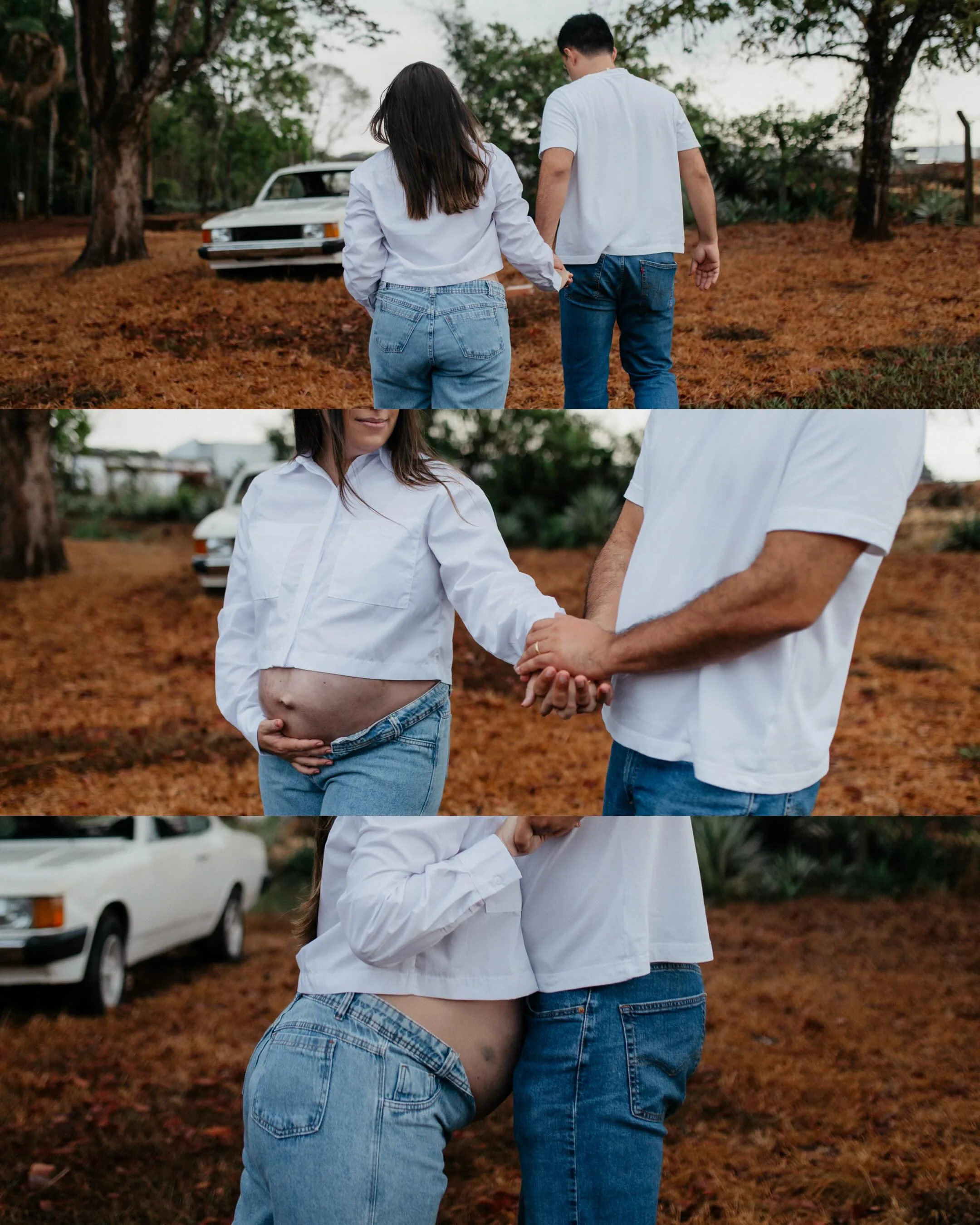 Montagem de três fotografias de um casal de mãos dadas e em momentos de carinho ao ar livre