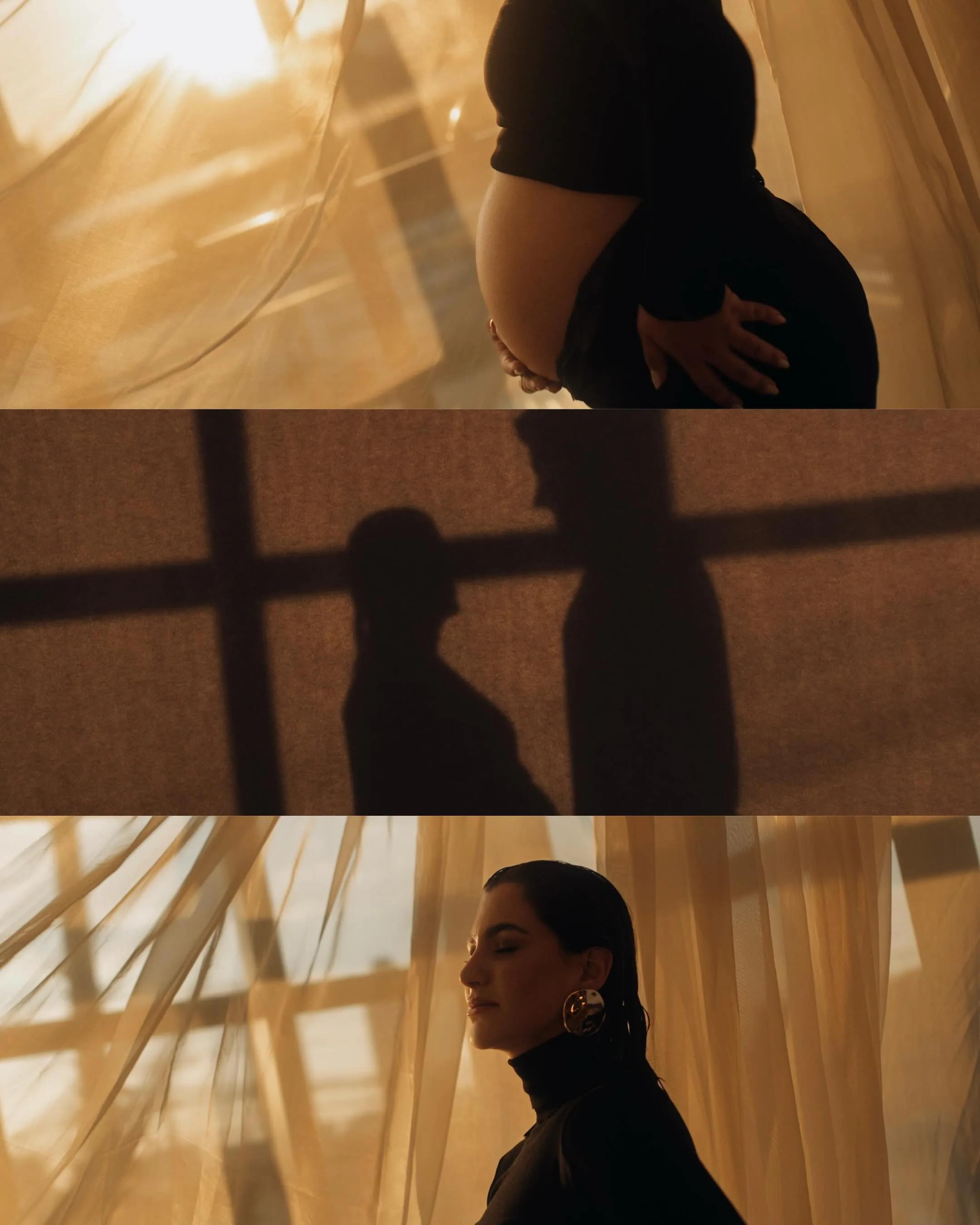 Montagem de três retratos de uma mulher junto à luz da janela e suas sombras